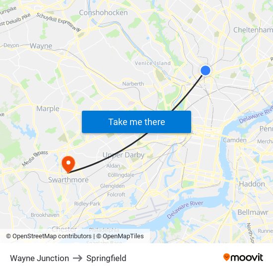 Wayne Junction to Springfield map