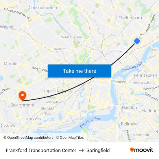 Frankford Transportation Center to Springfield map