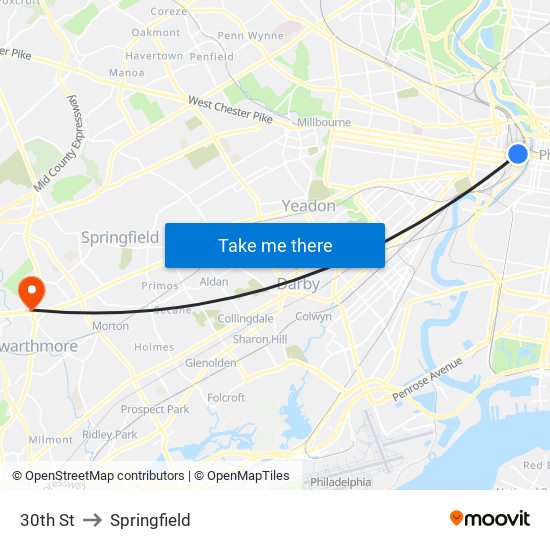 30th St to Springfield map