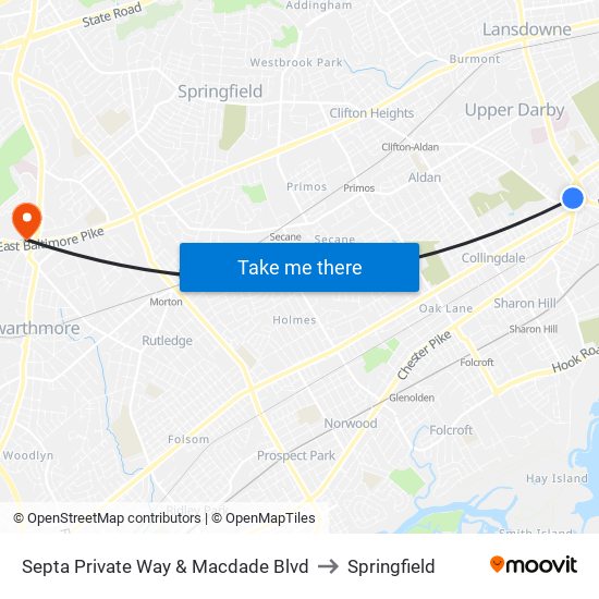 Septa Private Way & Macdade Blvd to Springfield map