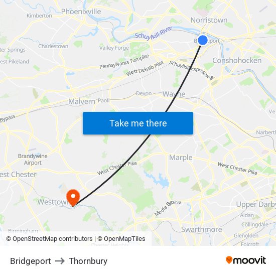 Bridgeport to Thornbury map
