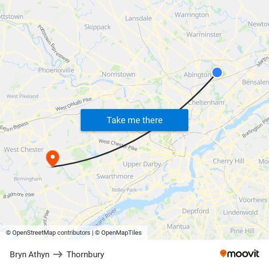 Bryn Athyn to Thornbury map