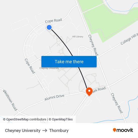 Cheyney University to Thornbury map