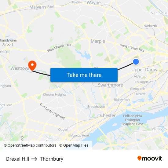 Drexel Hill to Thornbury map