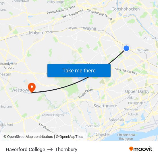 Haverford College to Thornbury map