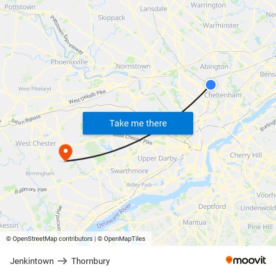 Jenkintown to Thornbury map