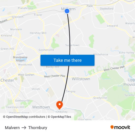 Malvern to Thornbury map