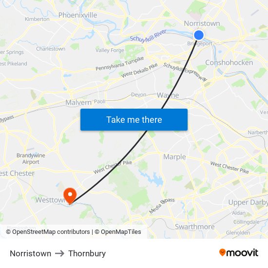 Norristown to Thornbury map