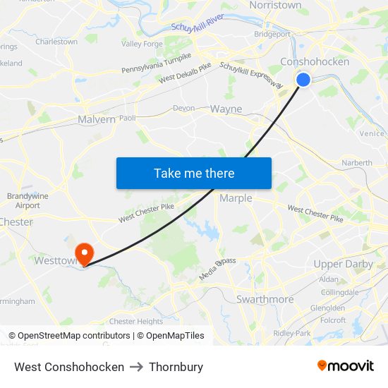 West Conshohocken to Thornbury map