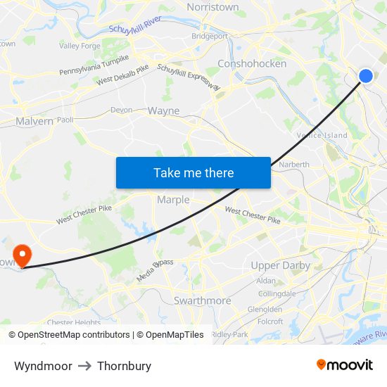 Wyndmoor to Thornbury map