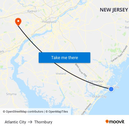 Atlantic City to Thornbury map