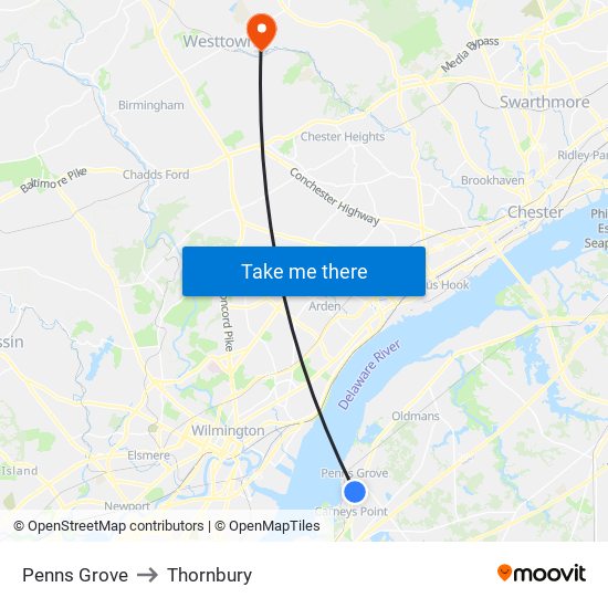 Penns Grove to Thornbury map