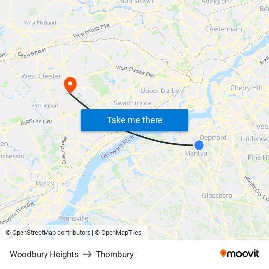 Woodbury Heights to Thornbury map