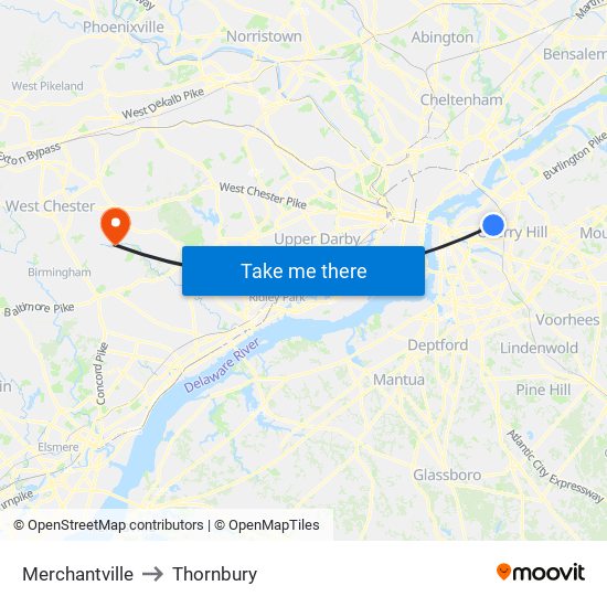 Merchantville to Thornbury map