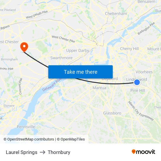 Laurel Springs to Thornbury map