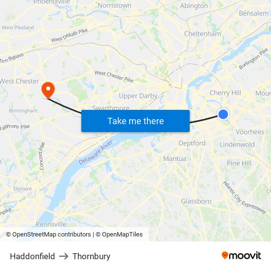 Haddonfield to Thornbury map