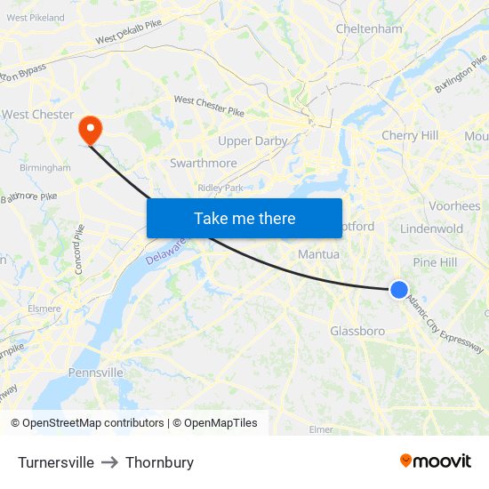 Turnersville to Thornbury map