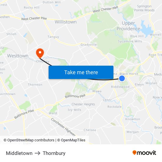 Middletown to Thornbury map