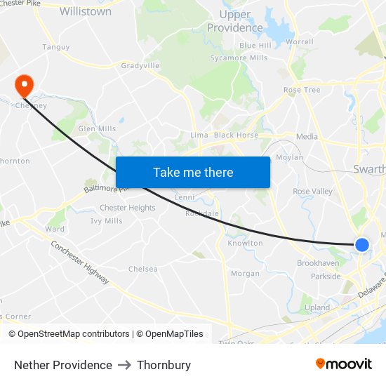 Nether Providence to Thornbury map