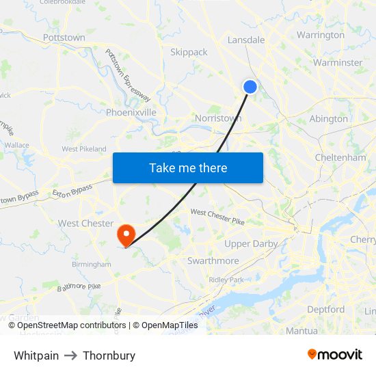 Whitpain to Thornbury map