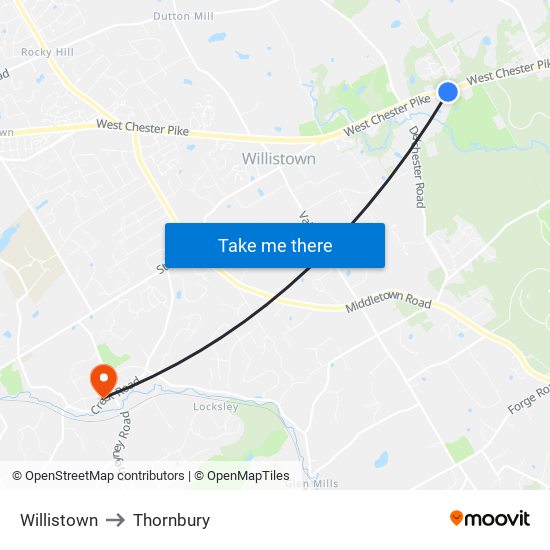 Willistown to Thornbury map