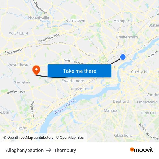 Allegheny Station to Thornbury map