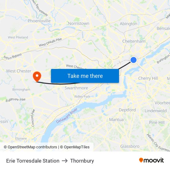 Erie Torresdale Station to Thornbury map