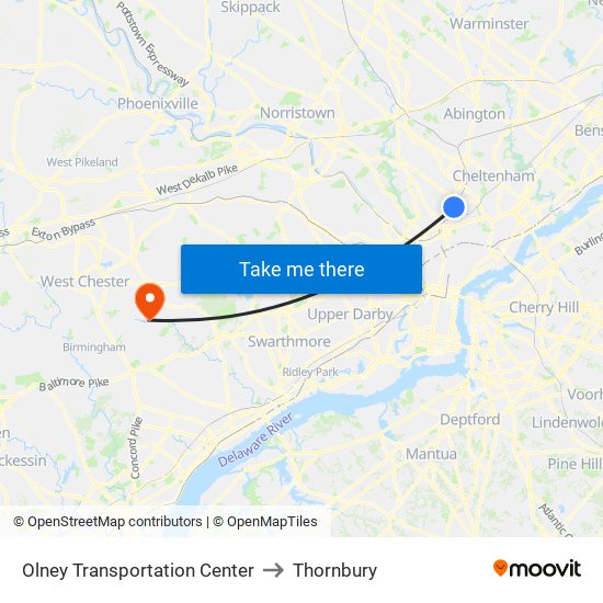 Olney Transportation Center to Thornbury map