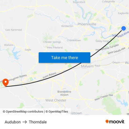 Audubon to Thorndale map