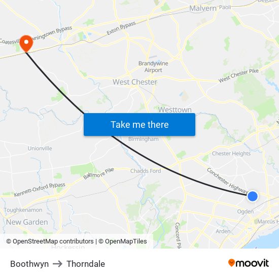 Boothwyn to Thorndale map