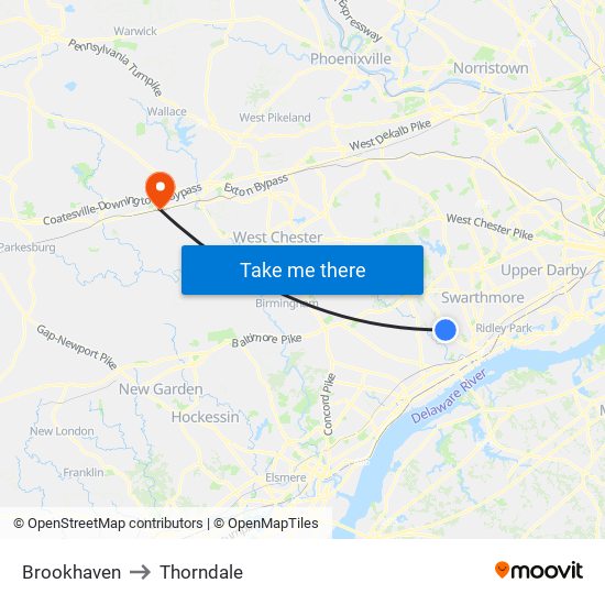 Brookhaven to Thorndale map
