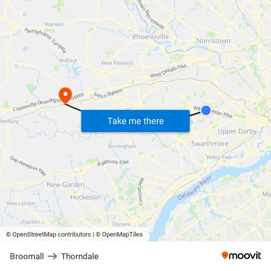 Broomall to Thorndale map