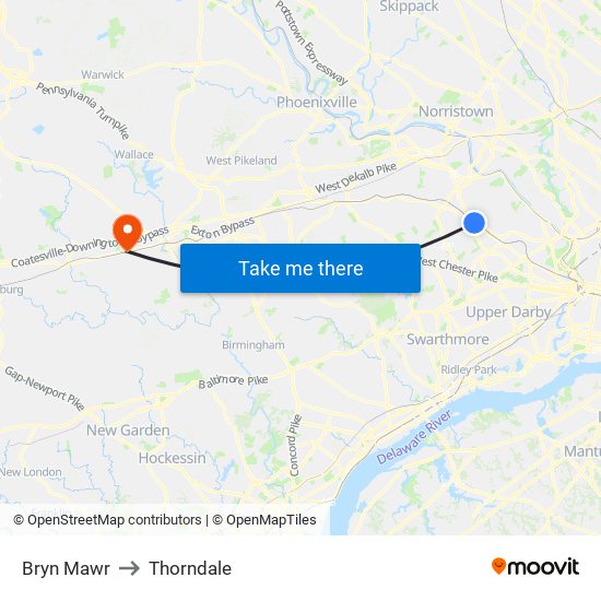 Bryn Mawr to Thorndale map