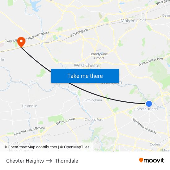 Chester Heights to Thorndale map