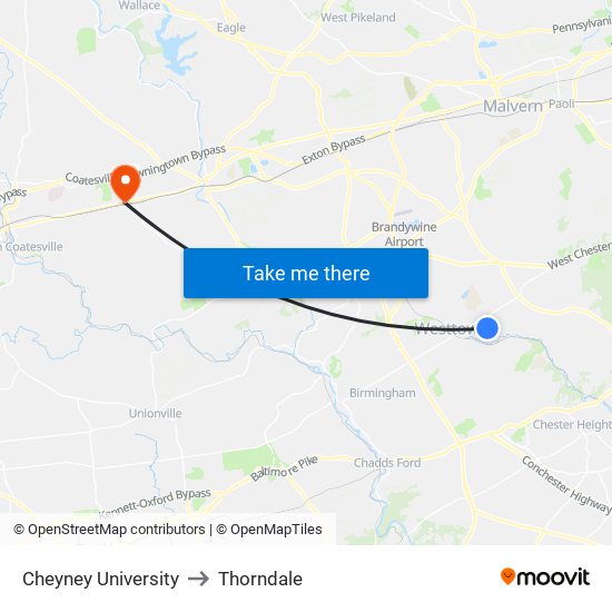 Cheyney University to Thorndale map
