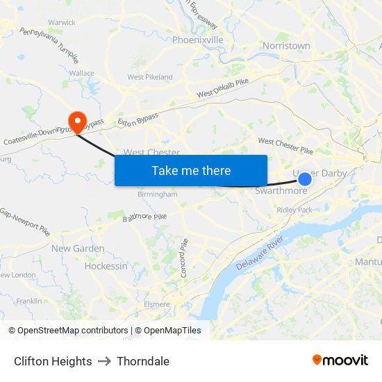 Clifton Heights to Thorndale map