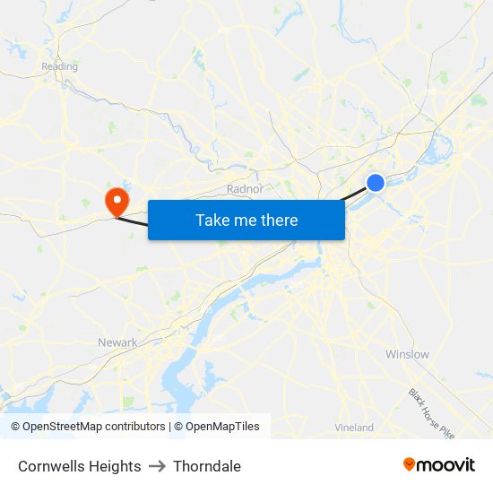 Cornwells Heights to Thorndale map