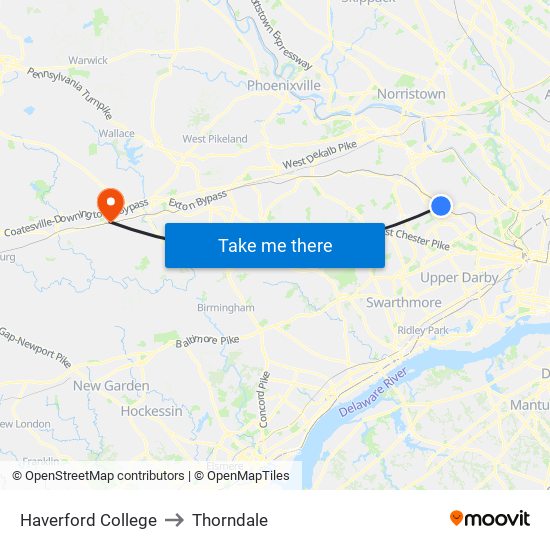 Haverford College to Thorndale map