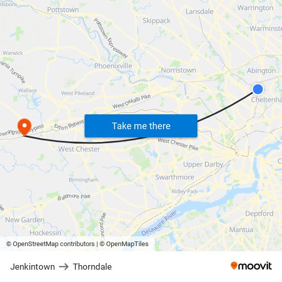 Jenkintown to Thorndale map