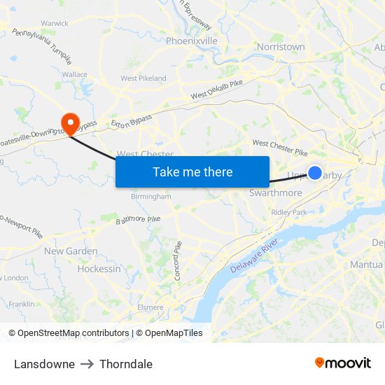 Lansdowne to Thorndale map