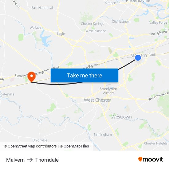 Malvern to Thorndale map