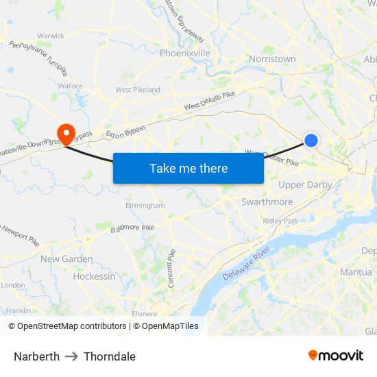 Narberth to Thorndale map