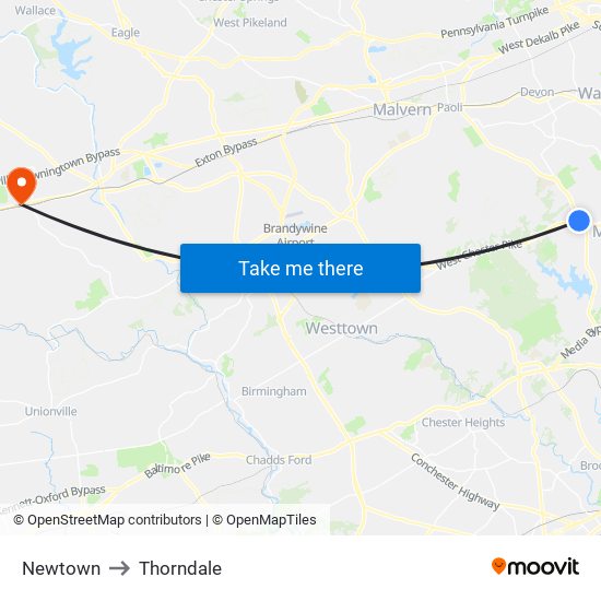 Newtown to Thorndale map