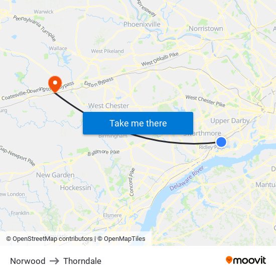 Norwood to Thorndale map