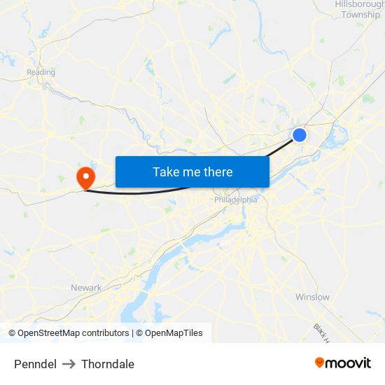 Penndel to Thorndale map