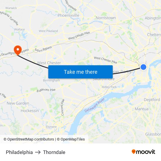 Philadelphia to Thorndale map