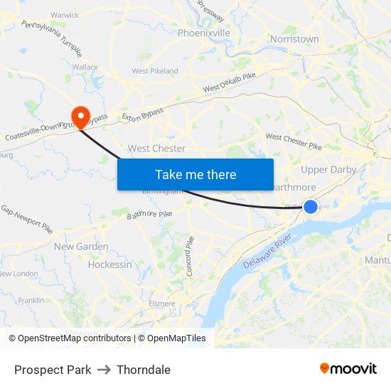 Prospect Park to Thorndale map