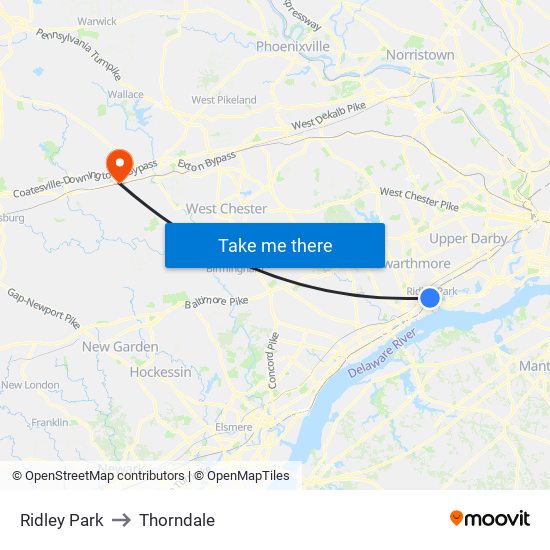 Ridley Park to Thorndale map