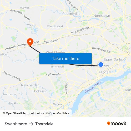 Swarthmore to Thorndale map