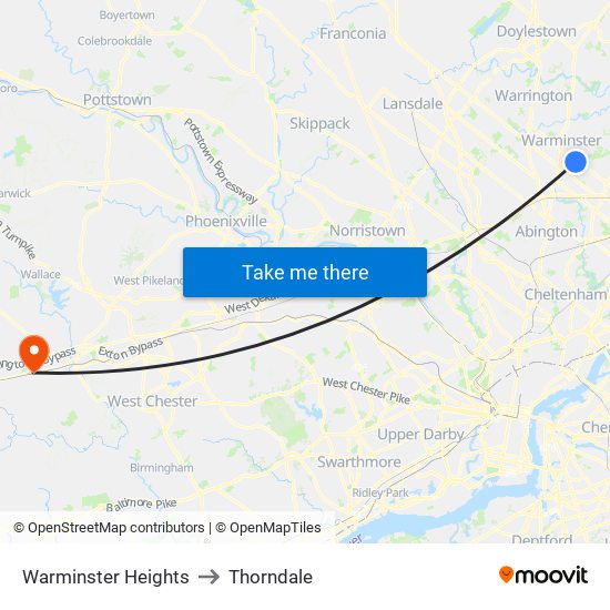 Warminster Heights to Thorndale map